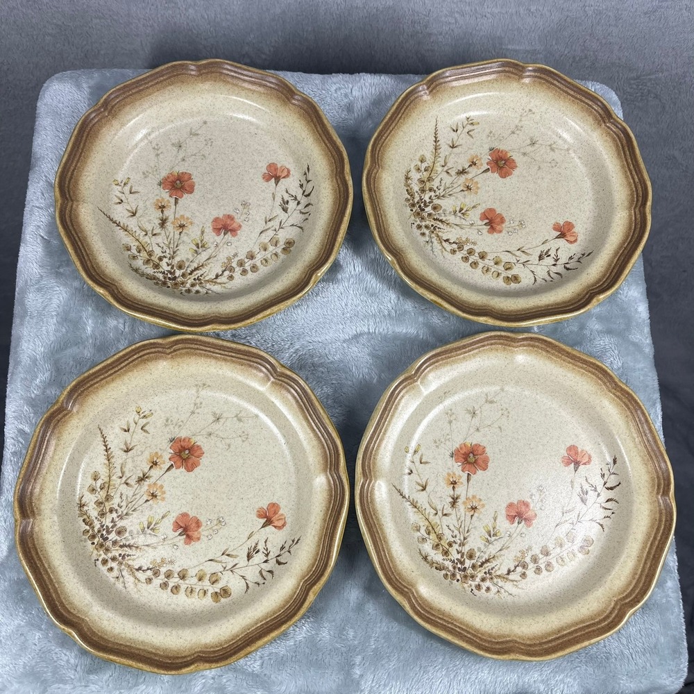 Mikasa Salad Plates Set of 4 Tan Orange Floral Jardiniere E8016 Stoneware Japan